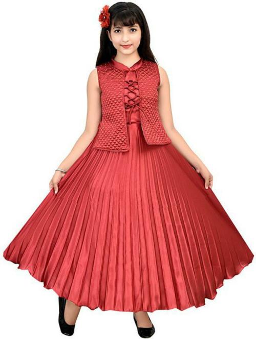 TASDIK GARMENTS Girls Red Solid Satin Gown Dress (8-9Y)
