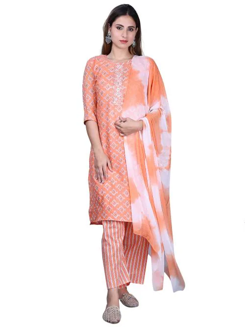 Dhaarini Women Pure Cotton Printed Straight Neck Hand Embroidered Kurta Pant with Dupatta Set (Peach, M)