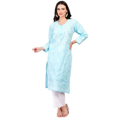 MRS RIGHT CHIKANKARI PREMIUM COTTON SKY BLUE KURTI PALAZZO SET