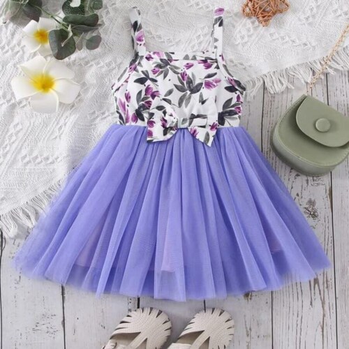 Buy & Try Girl's Satin Floral Printed Knee Length Short Frock Dress. Lavender