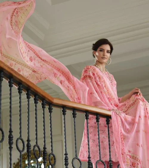 THE JAZZBAAT Unstitched Printed Embroidery Work Cotton Salwar Suits Dress Material with Chiffon DupattaUnstitch Dress Material with Dupatta High Quality Unstitched Dress Material For Women (Pink)