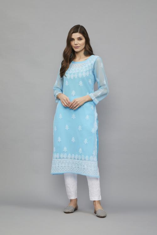 Ethnava Hand Embroidered Chikankari Georgette Dress with Slip