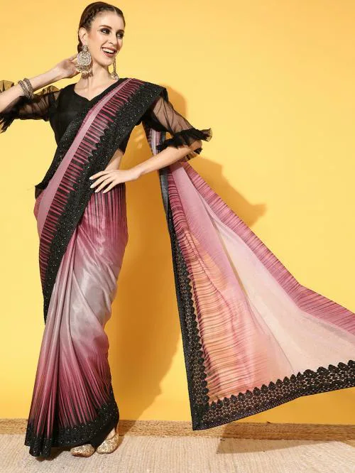 Chhabra 555 Black Scalloped Embellished Lace Border Georgette Saree with ombre Two Tone effect