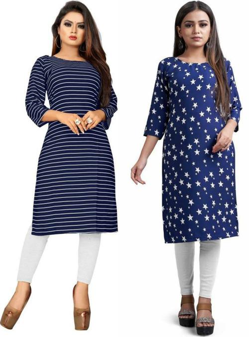 Textile Fab Women Dark Blue and White Striped Crepe Pathani Kurta - M (Pack of 2)
