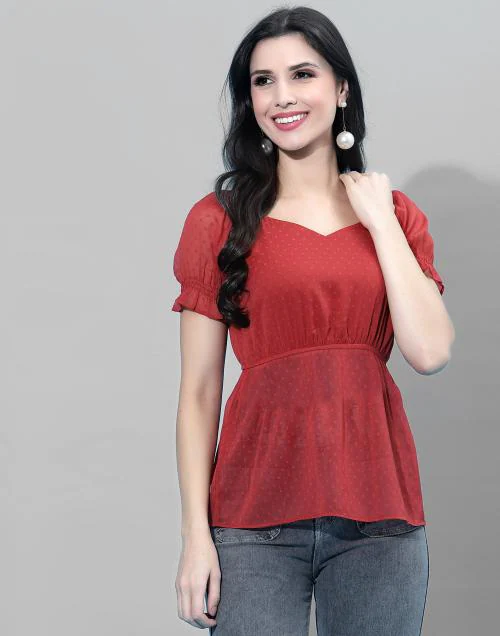 Selvia Women Red Self Design Cotton Blend Top | tops for women | tops | women tops