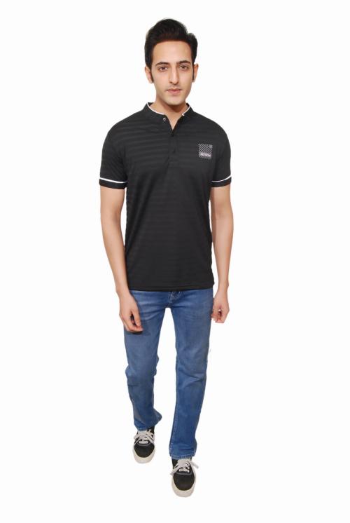 Self Striped Chinese style T-Shirt with Stand Collar and Toggle Buttons