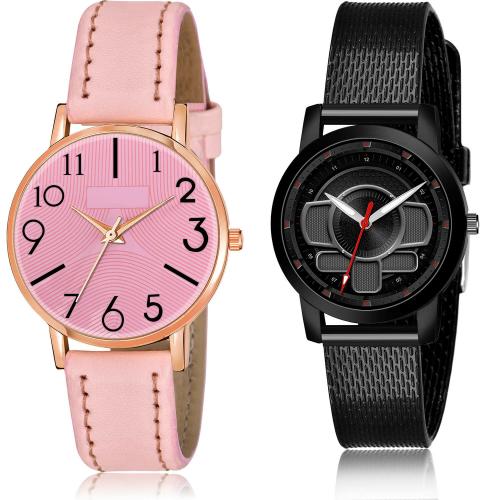 TIMENTER New Gift Triangle Geometry Pink And Black Colour Analog Genuine Leather And Plastic Belt 2 Watch Combo For Women And Girls - GW57-(8-L-10)