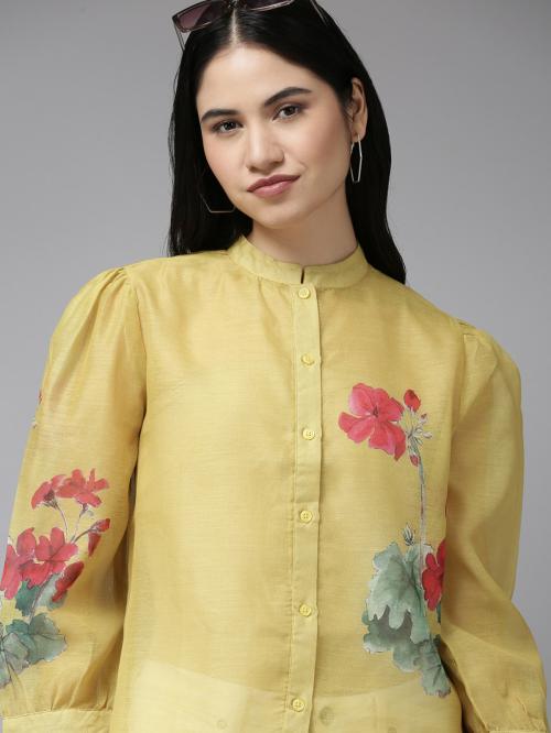 YUG DESIGNER ETHNIC WEAR Graceful Florals Women's Yellow Floral Printed Top in Sheer Chiffon Fabric for a Romantic Look.