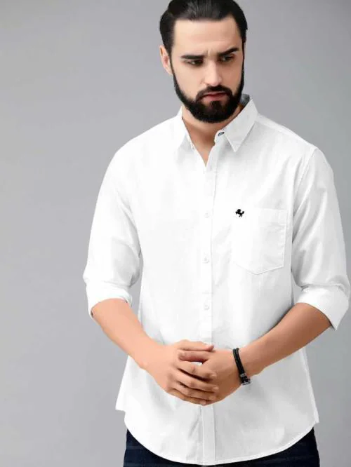 Bought First Men White Solid Pure Cotton Casual Shirt (L)