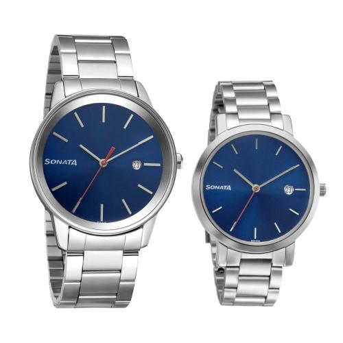 Sonata Analog Dial Blue Band Silver Watch-71338164Sm01 For Men
