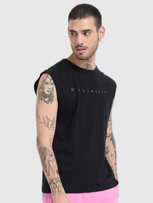 Bewakoof Men's Black Graphic Print Round Neck Sleeveless Oversized Fit Vest