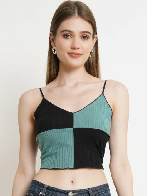 Popwings Women Casual Black & Pastel Green Rib Crop Top | Tops for Women | Tops For Women Stylish | Tops Latest Design For Women