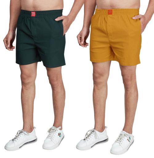 Pack of 2, Bottle Green & Gold Yellow Coloured 4 Way Lycra Boxer Shorts For Men - XL