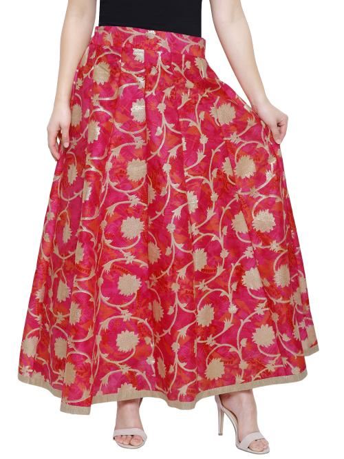 DAMEN MODE Women Flared Self-Design Royal Silk Skirt With Inner Lining (Red & Pink)