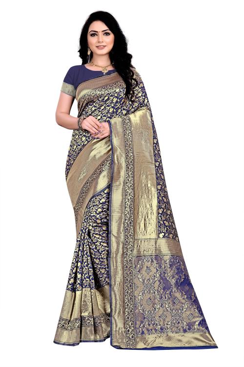 Anjaneya Sarees Navy Blue Designer Banarasi Silk Saree