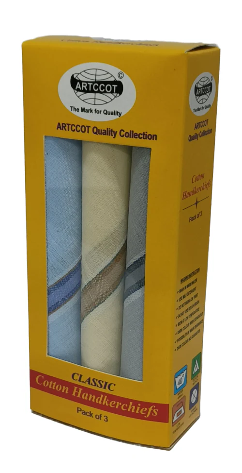 ARTCCOT SUPER SAVER BOX Hanky |39 x 39 cms |3-Pcs (Light) Design | Men's Cotton Handkerchief Classic Collection