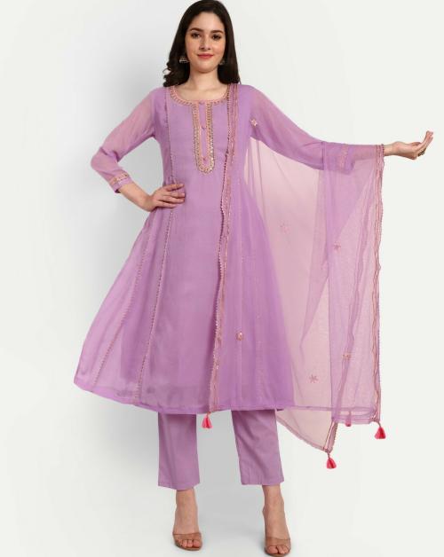 Kavita Gupta Georgette Gotta Patti Embroided Anarkali With Palazzo And Net Embroided Dupatta Lavendar XL