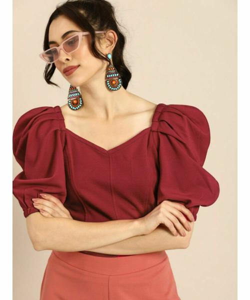 VEGLES Women’s Stylish Power Shoulder Top (Maroon) (L)