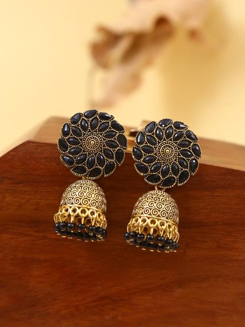 Crunchy Fasjion Jewellery Gold-Plated Floral Black Jhumka Earring
