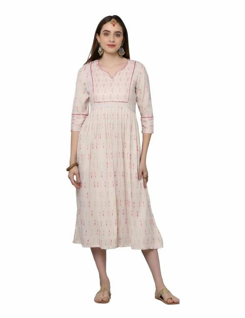 English Lady Women front patch with piping blanket stitch highlight on neck and cuff placket on sleeves Kurti | Pink Colour | L Size | Slim Fit Kurtas | Knee Length | Flared KurtaAngrakha Kurta | 100% Cotton Fabric | Foil Print Kurtas