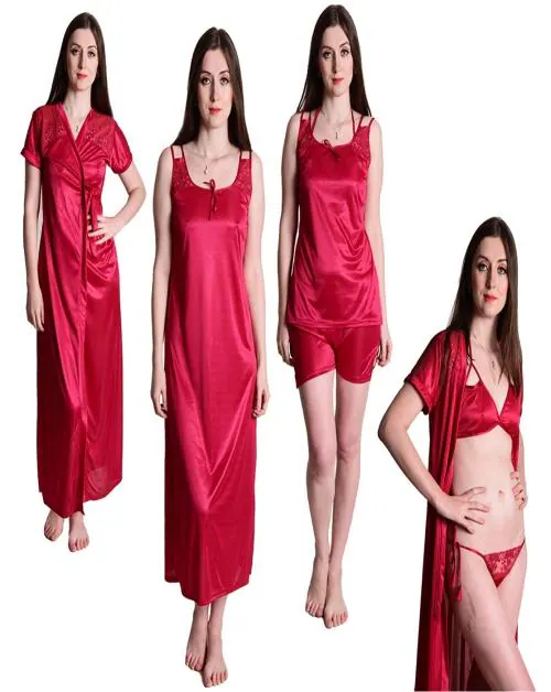Women's Red Satin Nightwear Nightdress Nighty 6pc Set of Nighty, Wrap Gown, Top, Shorts, Bra & Thong Nighty Set