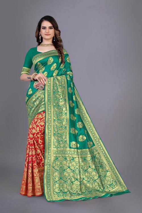 Rujave Women Red, Green Woven Jacquard Kanjivaram Saree