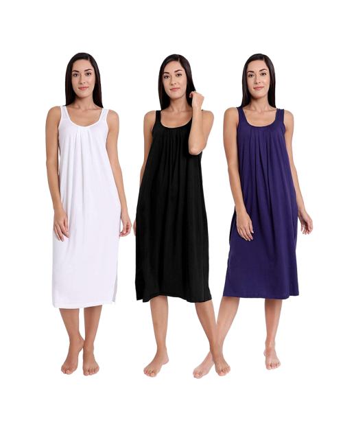 TWGE Cotton Full Length Camisole for Women - Long Inner wear Petticoat - Plus Size Nighty - Kurti and Suit Slip - Pack of 3 (XX-Large, White-Purple-Black)