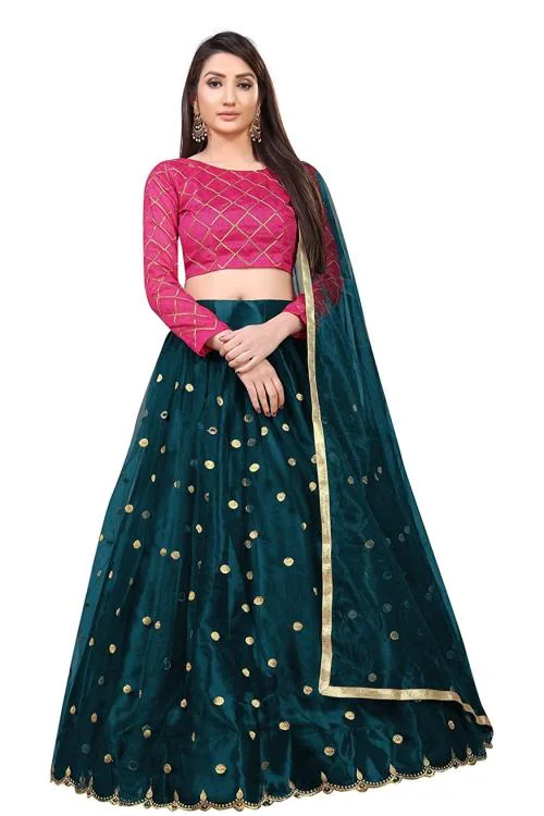 Women's Semi-stitched Embroidered Net Lehenga Choli with Dupatta set (Morpankh to Pink)