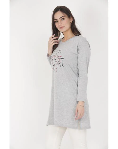 RRAVAYKI Cotton Printed Full Sleeves Round Neck Regular Fit T-Shirts/Top/Long Night Wear T-Shirt for Women's & Girls |Size-XXL |Pack of 1|Light Grey
