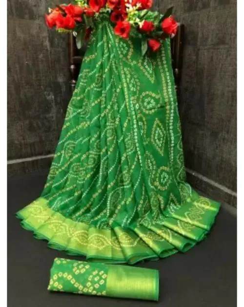 Be the cynosure of all eyes wearing this Green coloured sarees from the house of SAADHVI. Made of Cotton Blend, this saree will keep you comfortable throughout the day. The fine Work enhances the visual appeal of this saree.