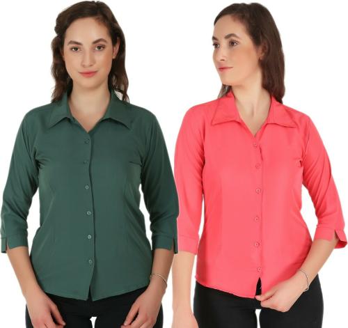 Hunoor Womens Affem Green and Gajari Solid Crepe Pack of 2 Curved Collar Formal Shirt l women shirt l casual shirt for women