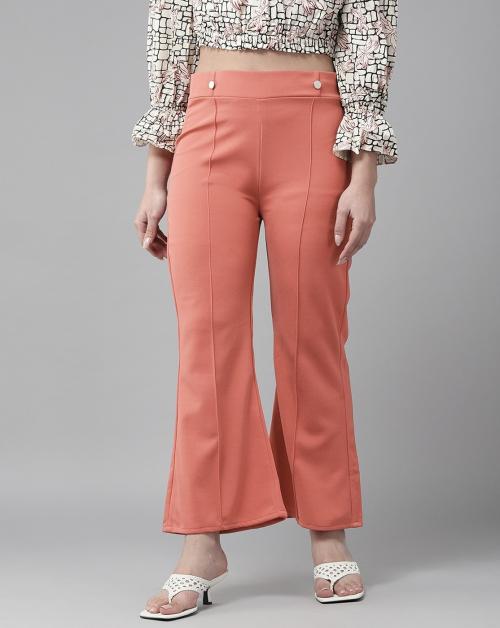 Aarika Womens Peach Color Solid Bell Bottom Pant