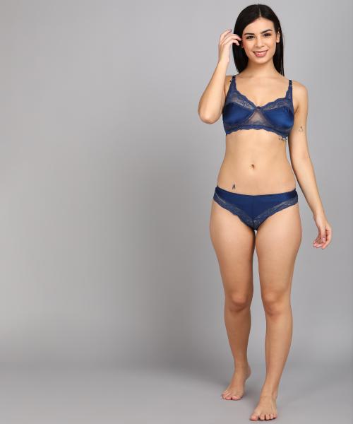 SheBAE Cotton Lingerie Set Full Coverage Non-Padded Bra and Hipster Panty For Women/Blue