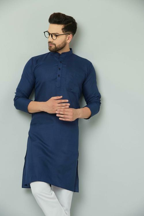 Benstitch Men Naby Blue Solid Cotton Blend Straight Kurta (M)