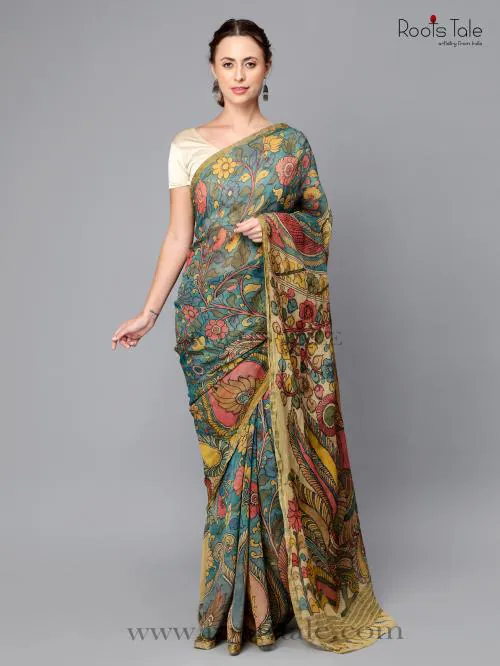 Roots Tale BLUE KALAMKARI CHIFFON SAREE