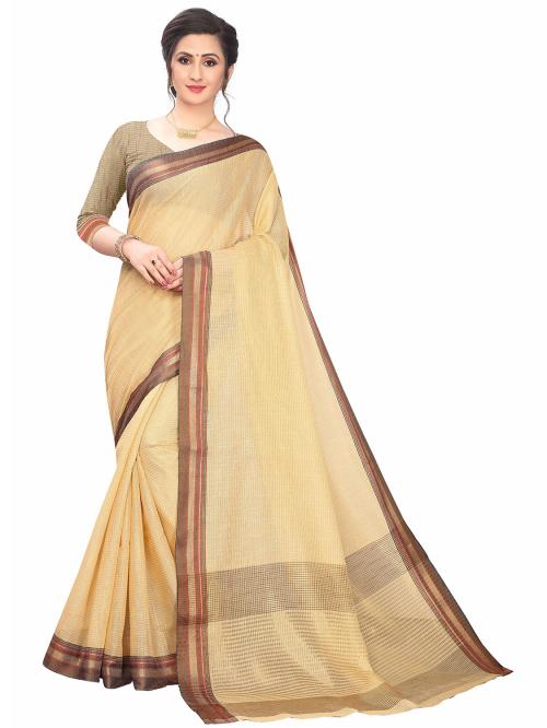 Leeza Store Women's Peach Pink Cotton Silk Solid Big Border Saree With Unstitched Blouse Piece