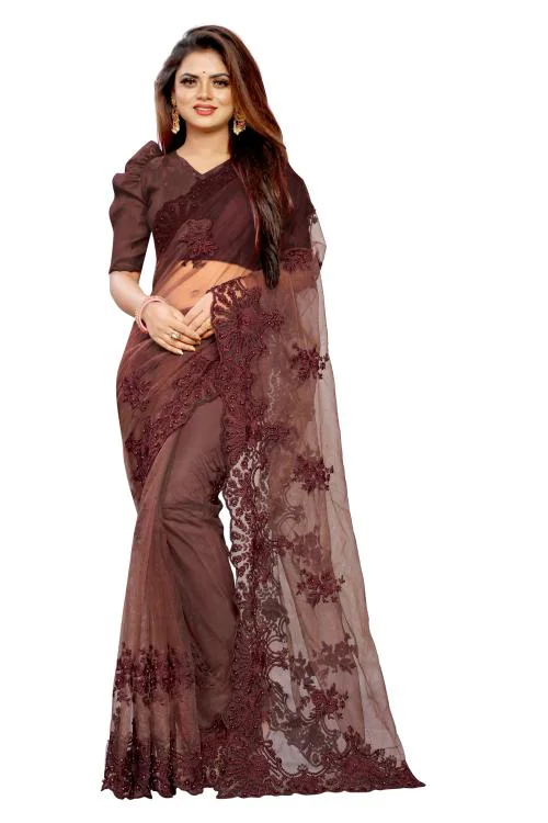Barakiay Creation Women's Embroidered Work Fashion Net Saree With Blouse Piece.