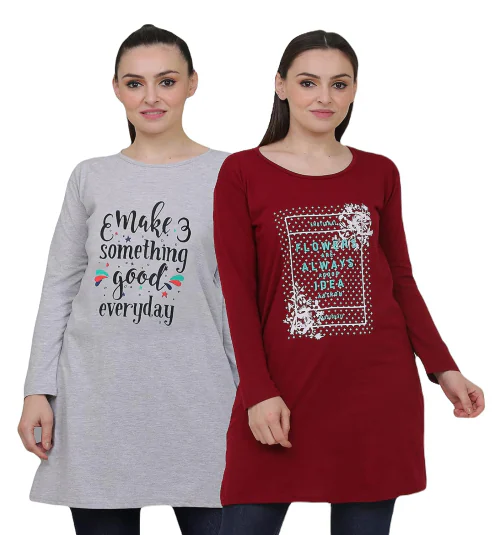 ILLUSTRIOUS Cotton Printed Full Sleeves Round Neck Regular Fit T-Shirts/Top/Long Night Wear T-Shirt for Women's & Girls (Pack of 2)