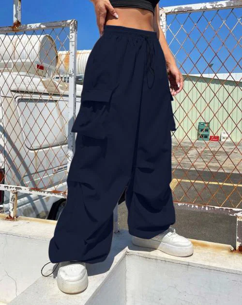 Buynewtrend Navy Women Loose Fit Parachute Trousers | High Waist Cargo Trouser Pant