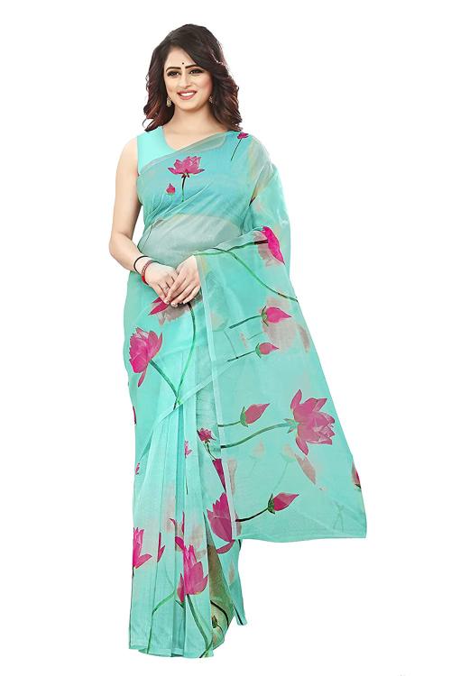 Pyos Women's Blue Floral Printed Premium Organza Saree Pack of 1