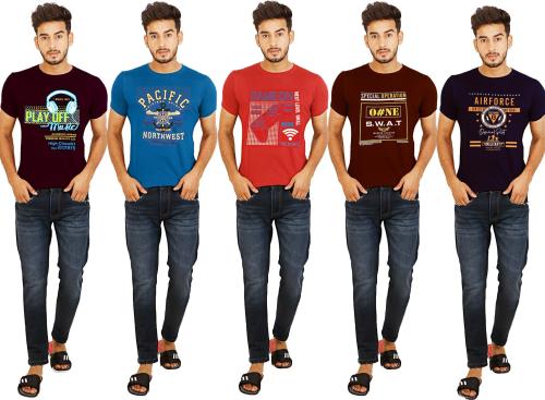 Xmer Men Printed Round Neck Pure Cotton Multicolor T-Shirt Pack of 5 | Multicolor | M