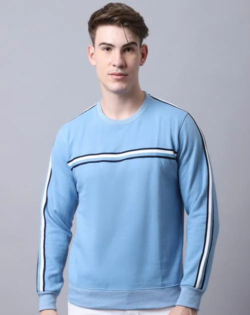 OBAAN Men Sky Blue Striped Round Neck Fleece Sweatshirt