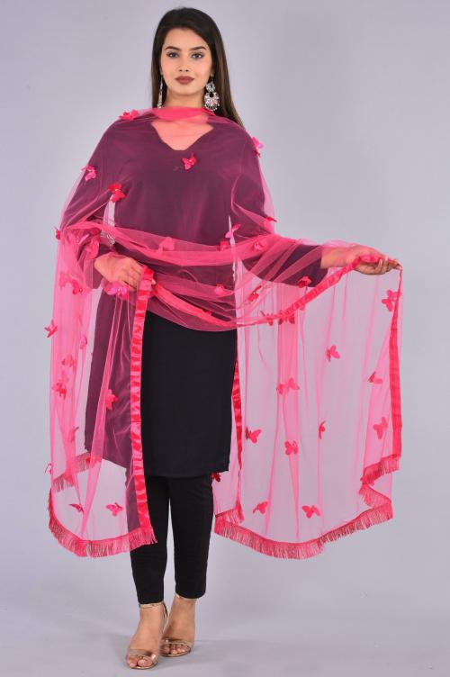 SANZARI Women Light Pink Net Embellished Dupatta - 2.25m