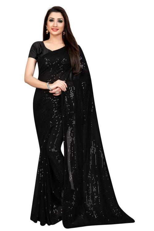 Maitri Creation Women's Georgette Sequence Saree With Un-stitched Blouse Piece Black