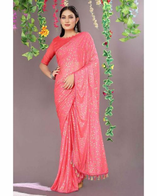 VKARAN Women's Peach Lycra Foli Print Saree With BlouseCasual Wear Art Silk Saree For Women | Cotton Saree | Latest