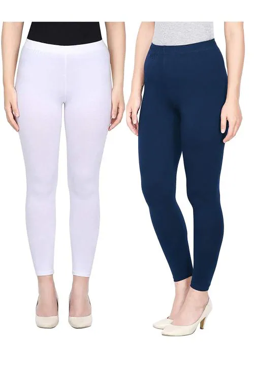 KEX White Navy Blue Solid Cotton Ankle Length Legging Combo Legging Combo Girls Legging Combo Ankle Legging Combo
