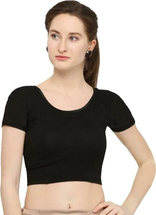 Trendzmy Women Black Solid Cotton Lycra Blend Round Neck Blouse, 34