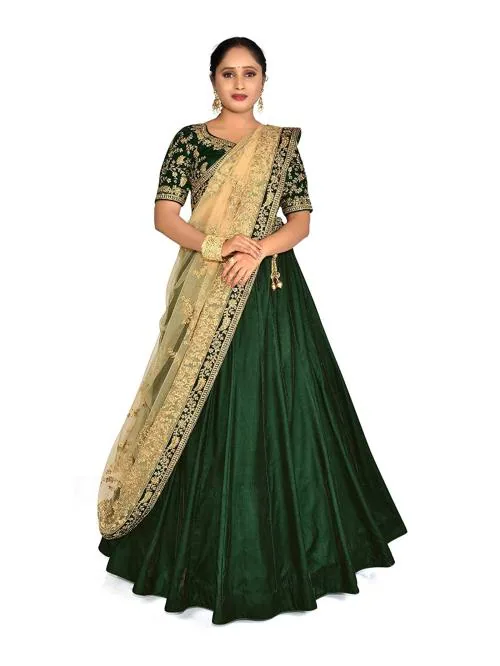 HALFSAREE STUDIO Women Green Embellished Velvet and Net Lehenga with Unstitched Blouse and Dupatta