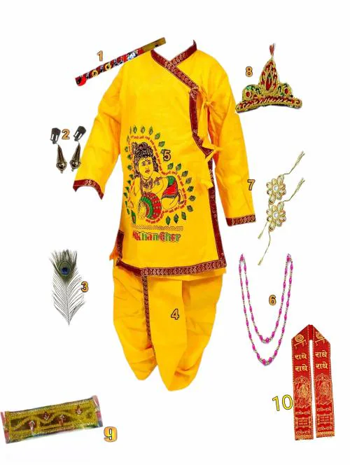 Alakhnanda Creations Exclusive Krishna Yellow Cotton Dress With embroidery Patch work Collection with accessories for Kids (1M to 10Yr)