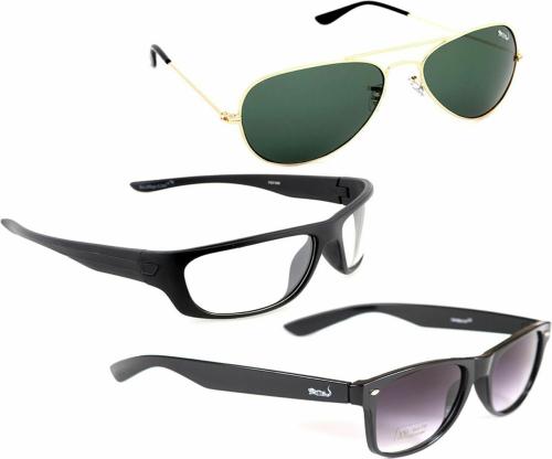 Elligator Gradient Aviator Sports Wayfarer Full Frame Green Clear Black Sunglasses For Men (Pack Of 3)